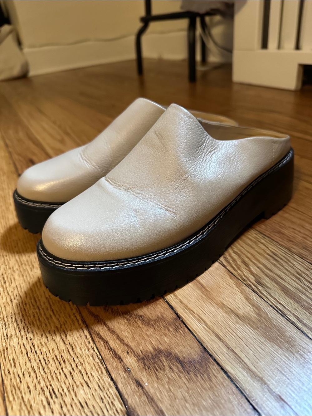 Matisse Cream Leather Platform Mules with Black Lug Sole
